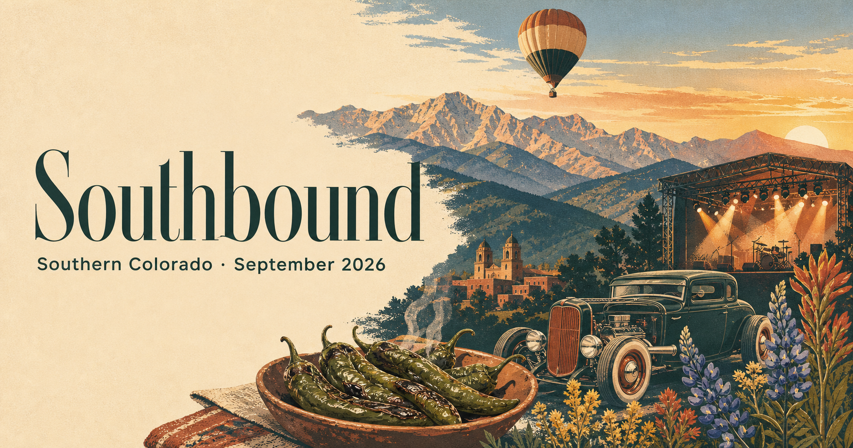 Illustrated Southern Colorado mountains, music, chiles, a hot rod, and a hot-air balloon